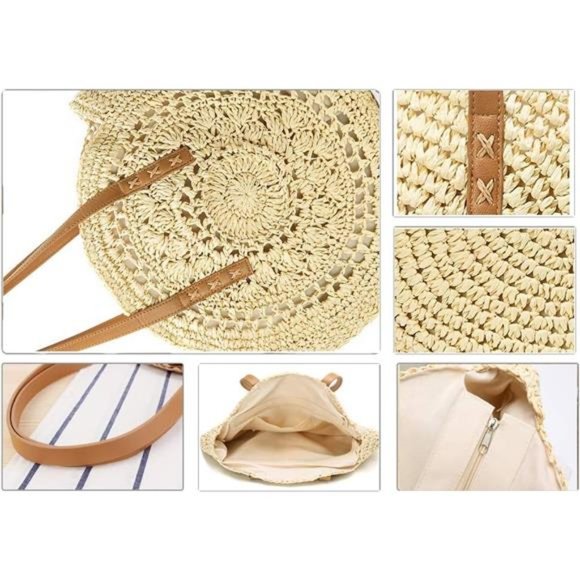 Straw Handbags Women Handwoven Round Corn Straw Bags Natural Chic Hand Large - Picture 6 of 6